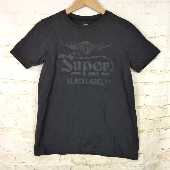 Superdry Black Label T-Shirt Women US 6 Black Out Graphic Logo Short Sleeve Moto - Picture 1 of 16